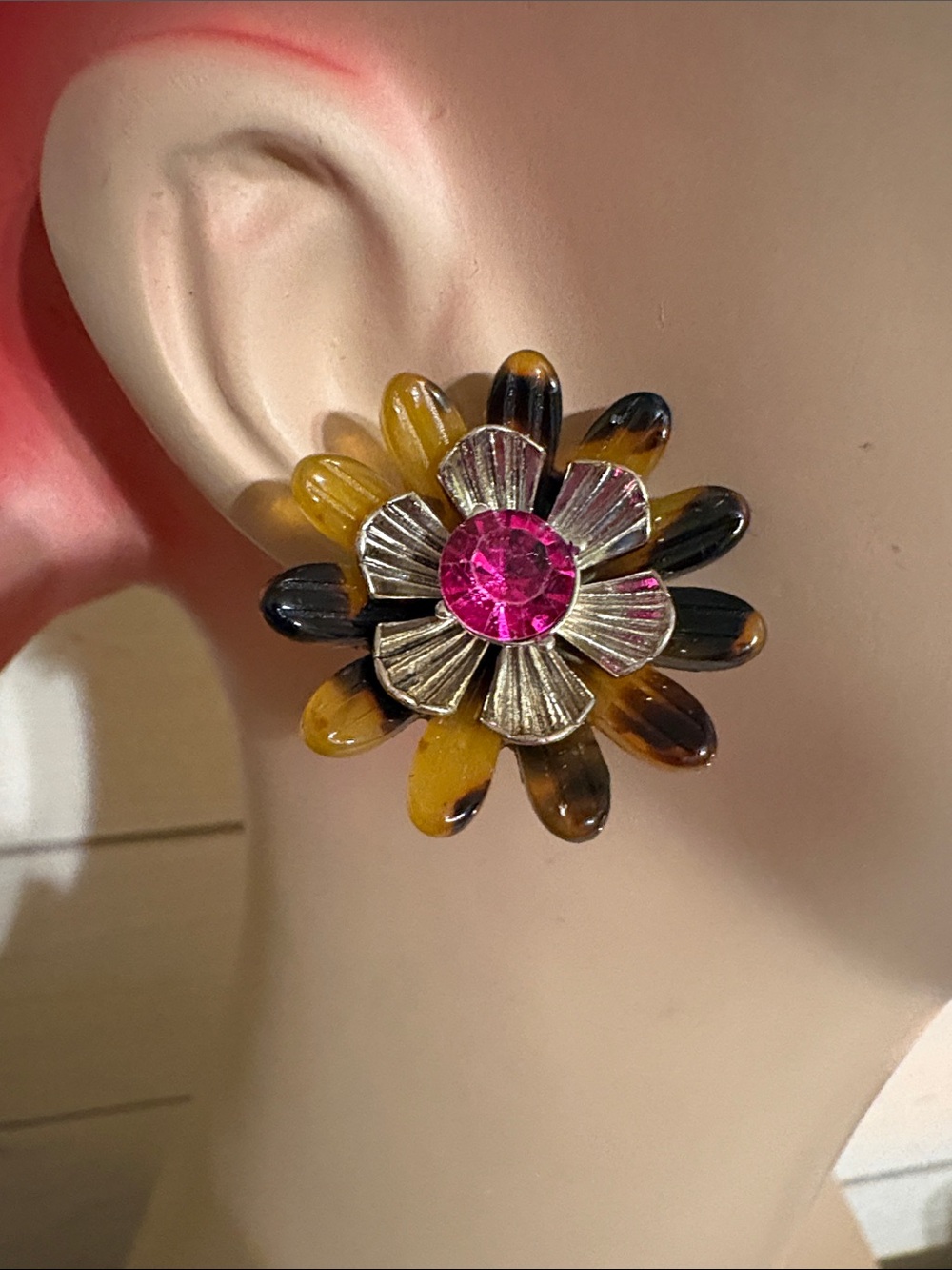 Betsey Johnson Amber & Black Flower Earrings with Fuchsia Center